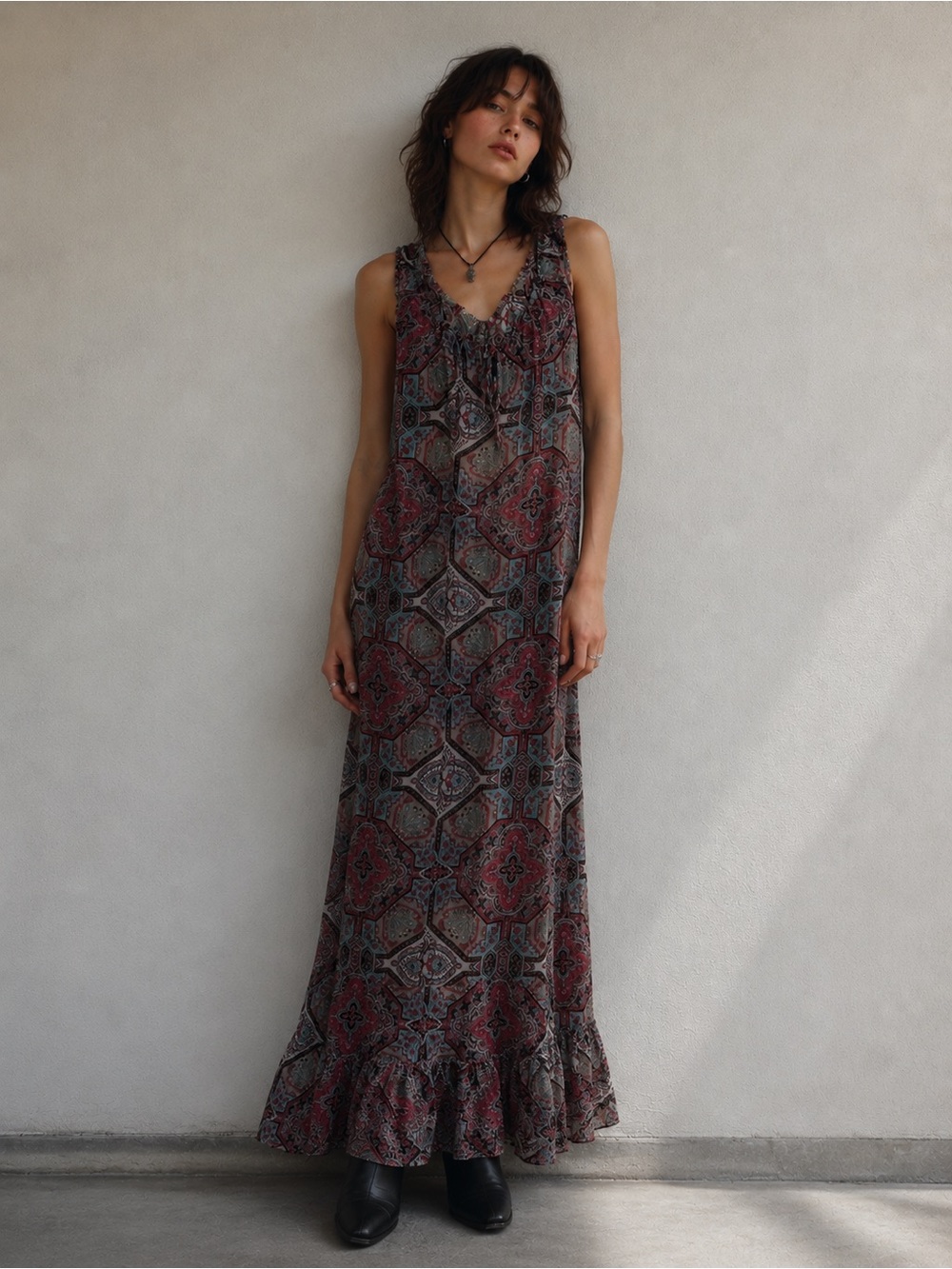 Dorothy Perkins Teal & Maroon Tile-Print Maxi Skirt